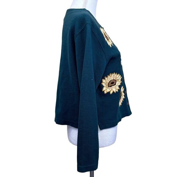 Bechamel green cardigan w/sunflowers, vintage, whimsical, cozy, wacky, prairie - Picture 2 of 6